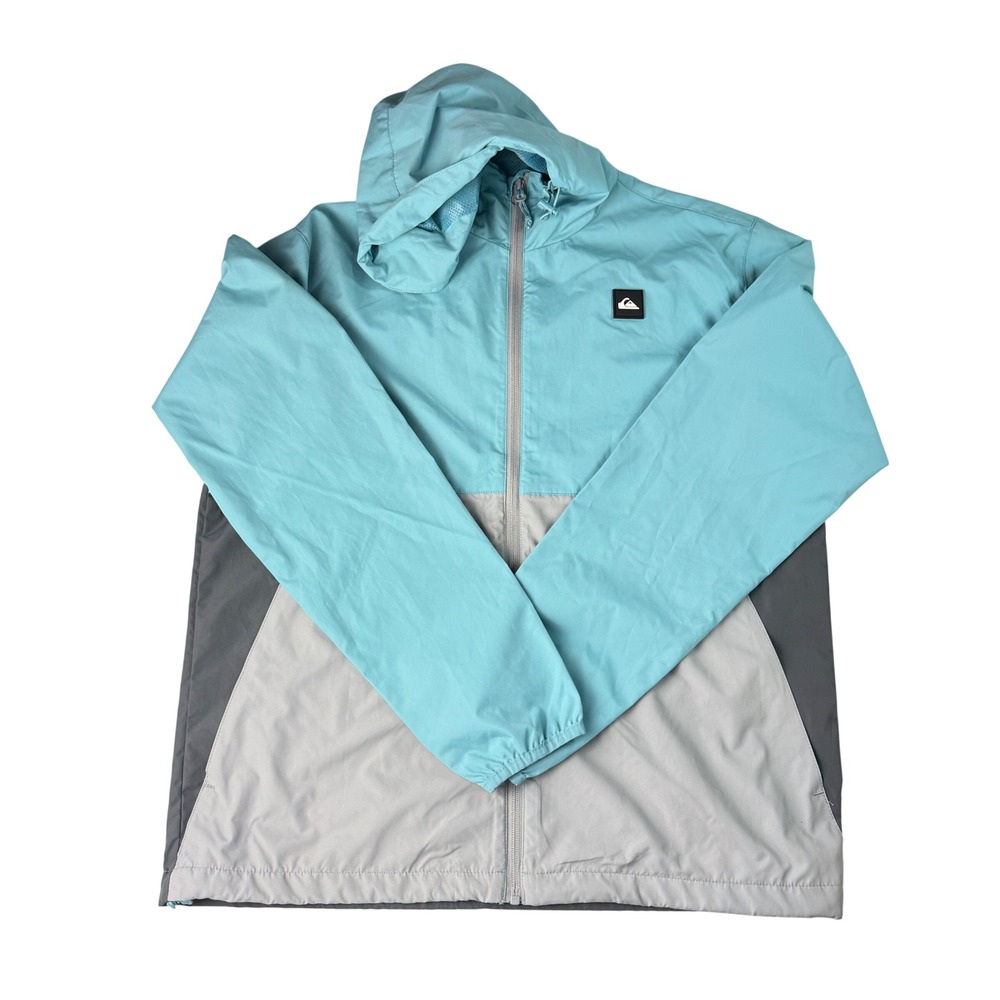 Quiksilver Men Medium Hooded Windbreaker Jacket Blue Gray Colorblock Lightweight